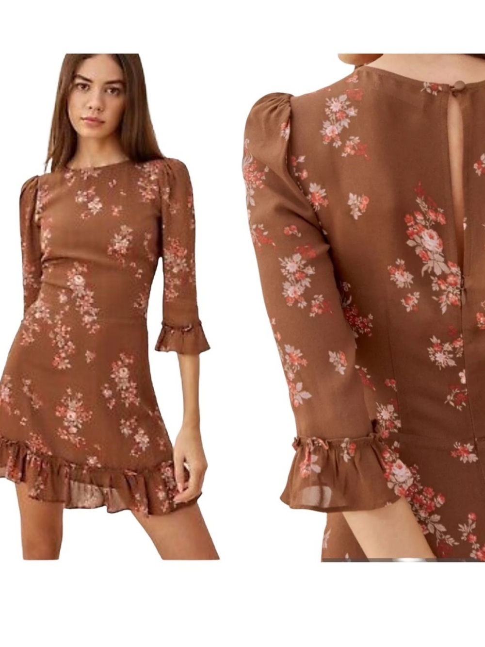 Reformation Doutzen Dress Brown Floral Ruffle Mini Long Sleeve Size 4